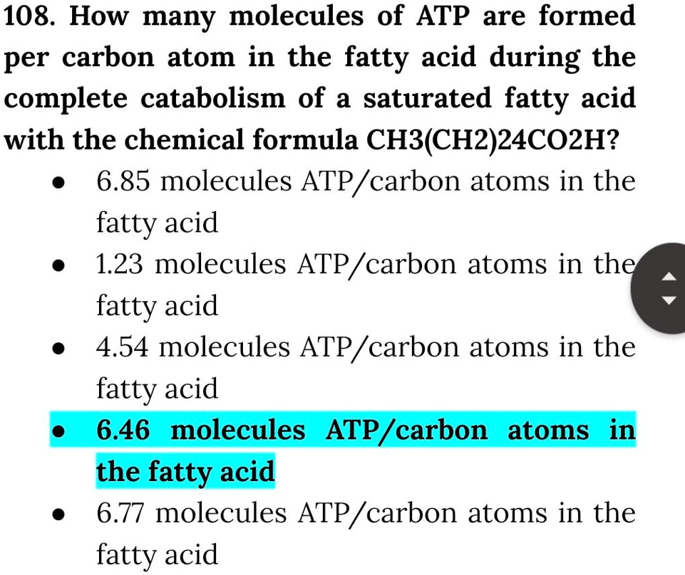SOLVED 108. How many molecules of ATP are formed per carbon atom in