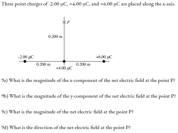 Three point charges of ( -2.00 mu mathrmC,+4.00 mu mathrmC, ) and ( +6.00 mu mathrmC ) are placed along the ( mathrmx ) -axis.
9a) What is the magnitude of the ( x ) -component of the net electric field at the point ( P ) ?
9b) What is the magnitude of the y-component of the net electric field at the point ( mathrmP ) ?
9c) What is the magnitude of the net electric field at the point ( mathrmP ? )
9d) What is the direction of the net electric field at the point ( mathrmP ) ?