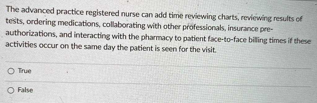 the advanced practice registered nurse can add time reviewing charts reviewing results of tests ordering medications collaborating with other professionals insurance pre authorizations and i 44777