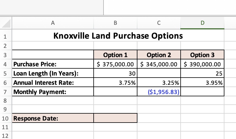 how to find the blank cells with excel on a macbook a b c d 1 knoxville land purchase options 2 3 option 1 option 2 option 3 4 purchase price 37500000 34500000 39000000 5 loan length in year 43673