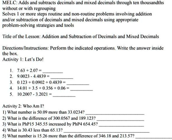 Title of the Lesson: Addition and Subtraction of Decimals and Mixed ...