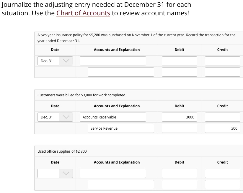 Journalize the adjusting entry needed at December 31 for each
situation. Use the Chart of Accounts to review account names!
A two year insurance policy for 5,280 was purchased on November 1 of the current year. Record the transaction for the year ended December 31.
Date
Accounts and Explanation
Debit
Credit
Dec. 31
Customers were billed for3,000 for work completed.
Date
Accounts and Explanation
Debit
Credit
Dec. 31
Accounts Receivable
3000
Service Revenue
300
Used office supplies of 2,800
Date
Accounts and Explanation
Debit
Credit