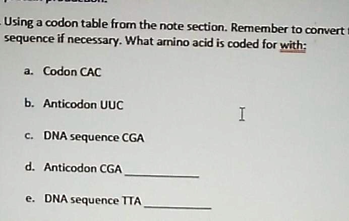 SOLVED: Using a codon table from the note section. Remember to convert ...