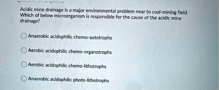 Acidic mine drainage is a major environmental problem near to coal-mining field. Which of below microorganism is responsible for the cause of the acidic mine drainage?

Anaerobic acidophilic chemo-autotrophs
Aerobic acidophilic chemo-organotrophs
Aerobic acidophilic chemo-lithotrophs
Anaerobic acidophilic photo-lithotrophs