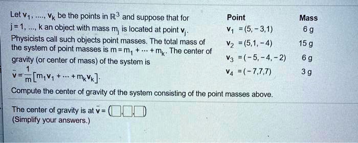 Solved Let Vh Vk Be The Points In R3 And Suppose That For Point Mass J 1 Kan Object With Mass M Is Located At Point 5 3 1 6 G Physicists Call Such Objects