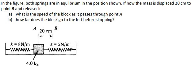 In the figure, both springs are in equilibrium in the position shown. If now the mass is displaced 20 cm to point B and released:
a) what is the speed of the block as it passes through point A
b) how far does the block go to the left before stopping?

A 20 cm B
k = 8 N/m k = 5 N/m
4.0 kg
