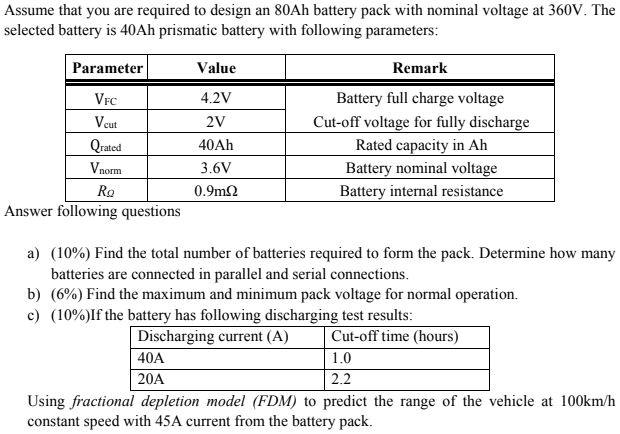 SOLVED: Assume You Are Required To Design An 80 Ah Battery Pack. Find ...