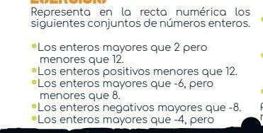 Representa en la recta numérica los siguientes conjuntos de números enteros.
- Los enteros mayores que 2 pero menores que 12 .
- Los enteros positivos menores que 12.
- Los enteros mayores que -6, pero menores que 8.
- Los enteros negativos mayores que -8.
- Los enteros mayores que -4, pero