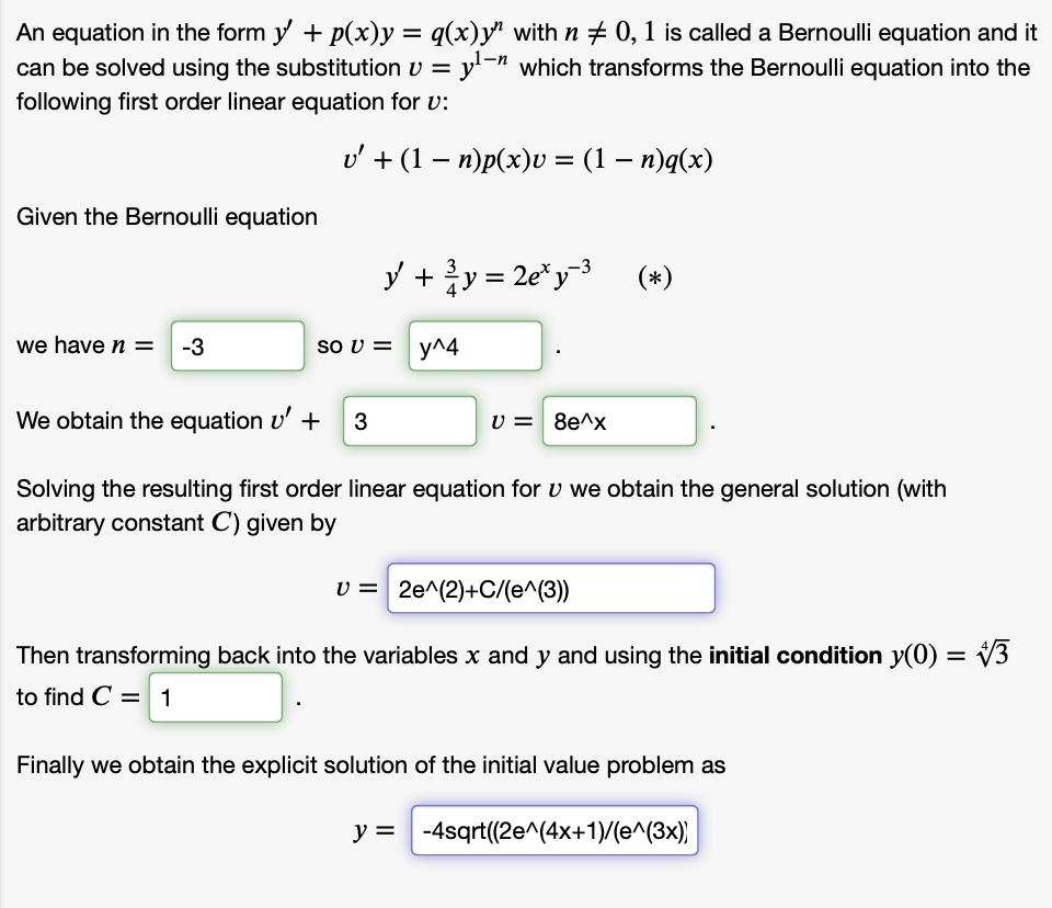 Solved An Equation In The Form Y Pxy Qxy With N 0 1 Is Called A Bernoulli Equation 2327