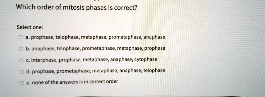 Which order of mitosis phases is correct?

Select one:
a. prophase, telophase, metaphase, prometaphase, anaphase
b. anaphase, telophase, prometaphase, metaphase, prophase
c. interphase, prophase, metaphase, anaphase, cytophase
d. prophase, prometaphase, metaphase, anaphase, telophase
e. none of the answers is in correct order
