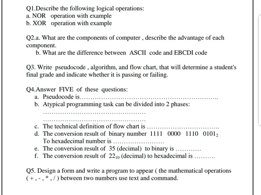 SOLVED: Q1. Describe the following logical operations: a. NOR operation ...