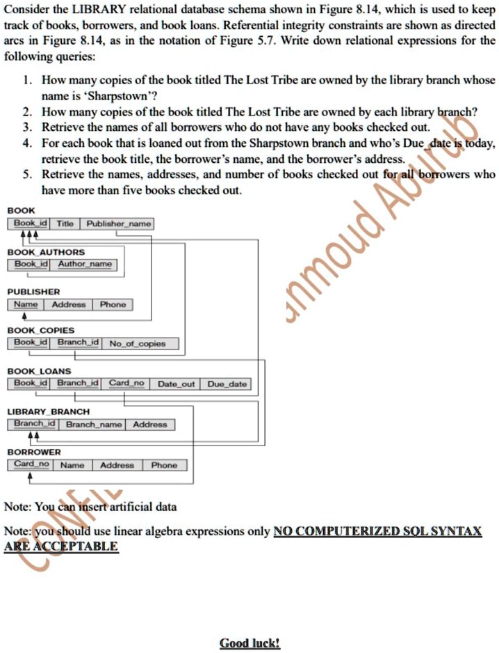 Consider the LIBRARY relational database schema shown in Figure 8.14 ...