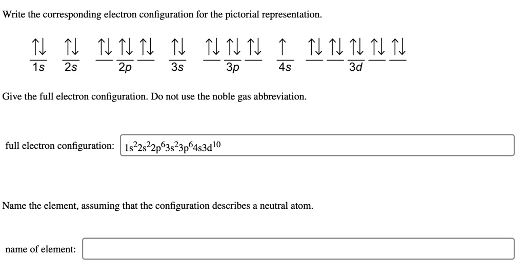 Write the corresponding electron configuration for the pictorial representation.
1s 2s 2p 3s 3p 4s 3d
Give the full electron configuration. Do not use the noble gas abbreviation.
full electron configuration: 1s^2 2s^2 2p^6 3s^2 3p^6 4s^1 3d^10
Name the element, assuming that the configuration describes a neutral atom.
name of element: