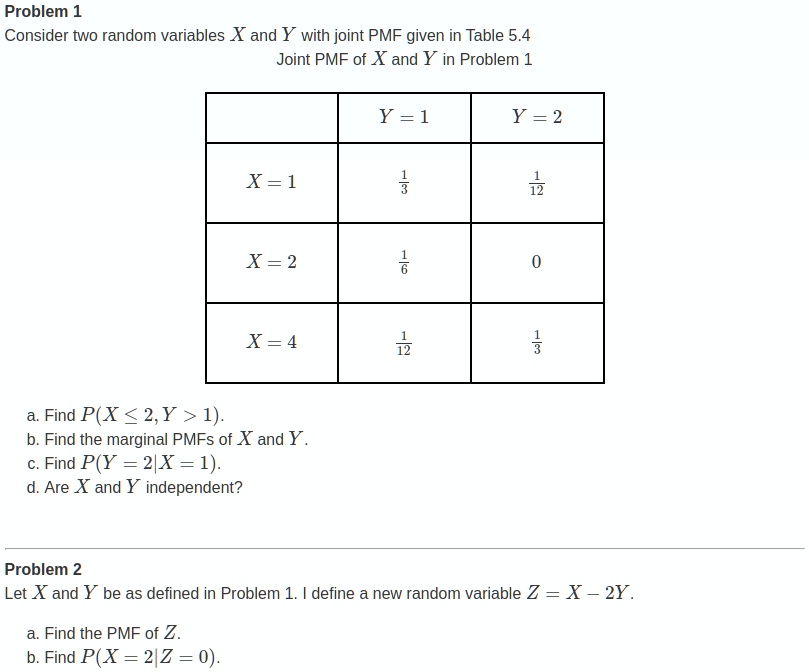 Problem 1
Consider two random variables X and Y with joint PMF given in Table 5.4
Joint PMF of X and Y in Problem 1
	Y = 1	Y = 2
X = 1	1/3	1/12
X = 2	1/6	0
X = 4	1/12	1/3

a. Find P(X ? 2, Y > 1).
b. Find the marginal PMFs of X and Y.
c. Find P(Y = 2|X = 1).
d. Are X and Y independent?

Problem 2
Let X and Y be as defined in Problem 1. I define a new random variable Z = X - 2Y.

a. Find the PMF of Z.
b. Find P(X = 2|Z = 0).