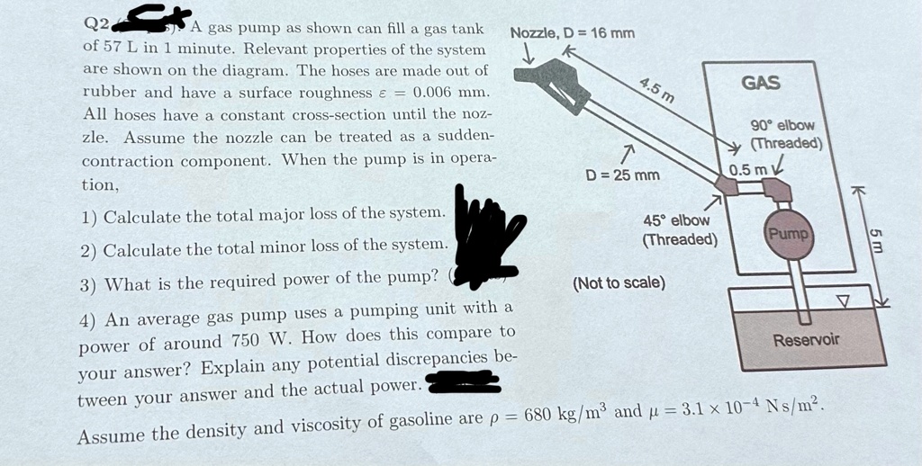 SOLVED Q2 A gas pump as shown can fill a gas tank of 57L in 1 minute. Relevant properties of