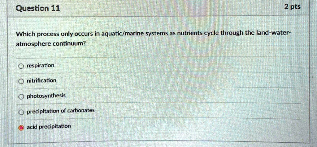 Which process only occurs in aquatic/marine systems as nutrients cycle through the land-water-atmosphere continuum?

respiration
nitrification
photosynthesis
precipitation of carbonates
acid precipitation
