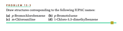 Draw structures corresponding to the following IUPAC names:
(a) p-Bromochlorobenzene (b) p-Bromotoluene
(c) m-Chloroaniline (d) 1-Chloro-3,5-dimethylbenzene