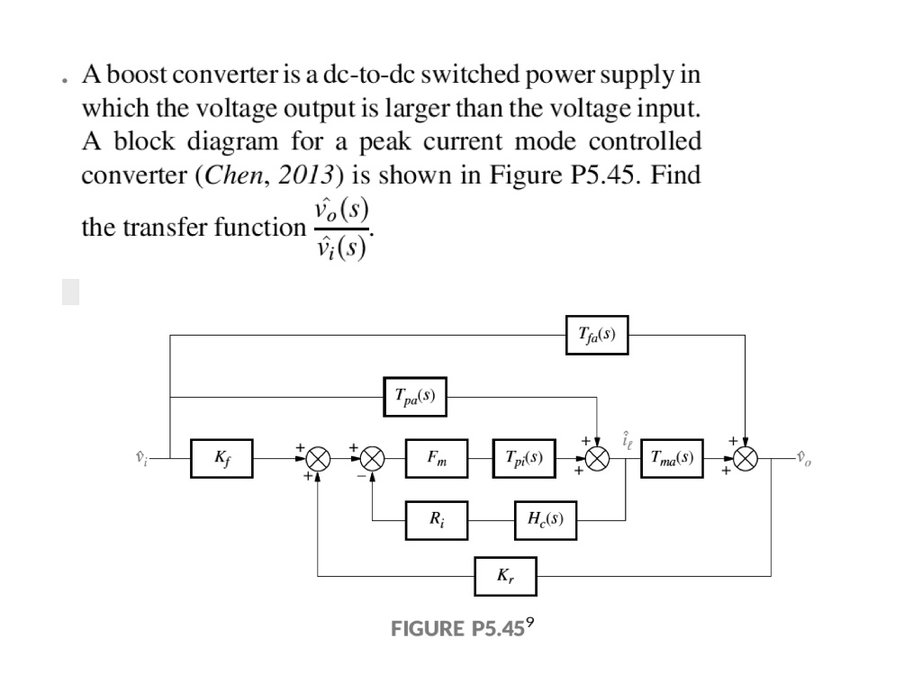 A boost converter is a dc-to-dc switched power supply in which the voltage output is larger than the voltage input. A block diagram for a peak current mode controlled converter (Chen, 2013) is shown in Figure P5.45. Find the transfer function (v̂o(s))/(v̂i(s)).