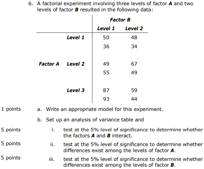 SOLVED: A factorial experiment involving three levels of factor A and ...