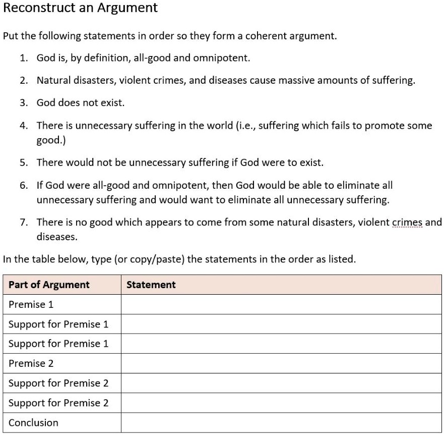 Reconstruct an Argument

Put the following statements in order so they form a coherent argument.

1. God is, by definition, all-good and omnipotent.
2. Natural disasters, violent crimes, and diseases cause massive amounts of suffering.
3. God does not exist.
4. There is unnecessary suffering in the world (i.e., suffering which fails to promote some
good.)
5. There would not be unnecessary suffering if God were to exist.
6. If God were all-good and omnipotent, then God would be able to eliminate all
unnecessary suffering and would want to eliminate all unnecessary suffering.
7. There is no good which appears to come from some natural disasters, violent crimes and
diseases.

In the table below, type (or copy/paste) the statements in the order as listed.

Part of Argument | Statement
Premise 1
Support for Premise 1
Support for Premise 1
Premise 2
Support for Premise 2
Support for Premise 2
Conclusion