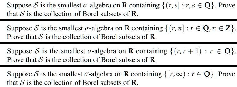 Suppose S is the smallest σ-algebra on R containing {(r,s] : r,s ∈ℚ}. Prove that S is the collection of Borel subsets of R.
Suppose S is the smallest σ-algebra on R containing {(r,n] : r ∈ℚ, n ∈ℤ}.
Prove that S is the collection of Borel subsets of R.
Suppose S is the smallest σ-algebra on R containing {(r,r+1) : r ∈ℚ}.
Prove that S is the collection of Borel subsets of R.
Suppose S is the smallest σ-algebra on R containing {[r,∞) : r ∈ℚ}. Prove that S is the collection of Borel subsets of R.