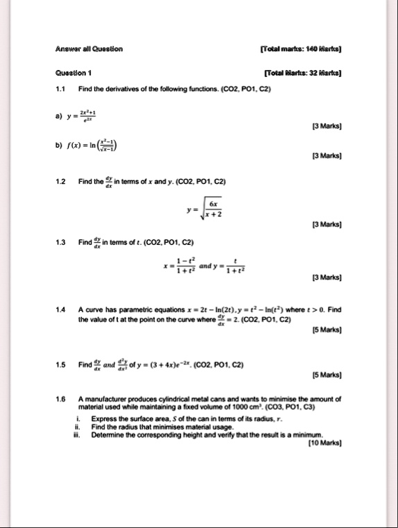 answer all question total marks 140 marks question 1 total marks 32 marks 11 find the derivatives of the following functions co2 po1 c2 a y frac2x21e2x 3 marks b fx lnleftfracx2 1sqrtx 1righ 34644
