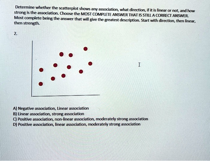 SOLVED: Determine whether the scatterplot shows any association; what ...