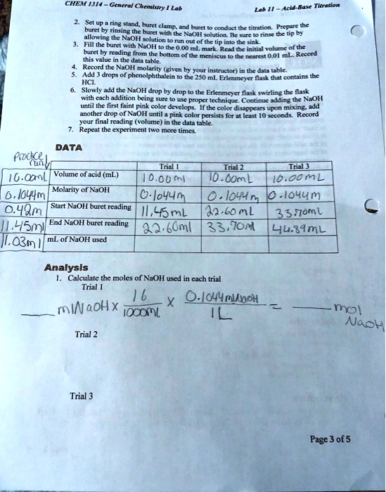 i need help filling out the table and completing the questions below chem 1314 generel chemistry11ab lab 11 acid base titration allowing the naoh solution to run out of the tip into the sink 21167