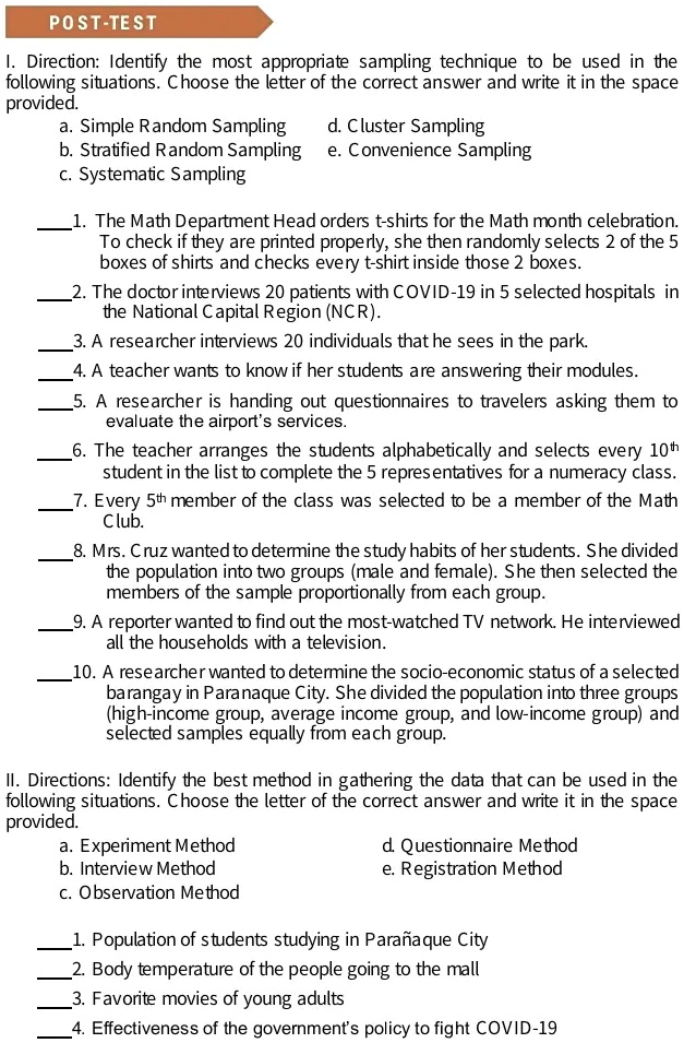 po st te st direction identify the most appropriate sampling technique be used in the following situations choose the letter of the correct answer and write it in the space provided simple r 64793