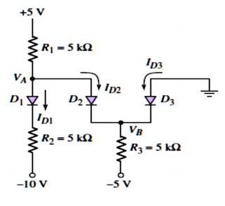 SOLVED: Determine the current in each diode and the voltages 𝑽𝑨 and 𝑽𝑩 ...