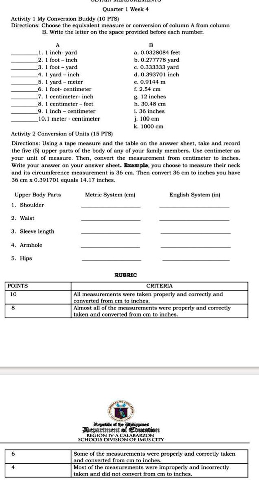 pls i need answer for my activity thank youpls answer it properly quarter week 4 activity my conversion buddy 10 ptsi itechuns choose the equivulent meusure conventon ocoln rom column write  14035