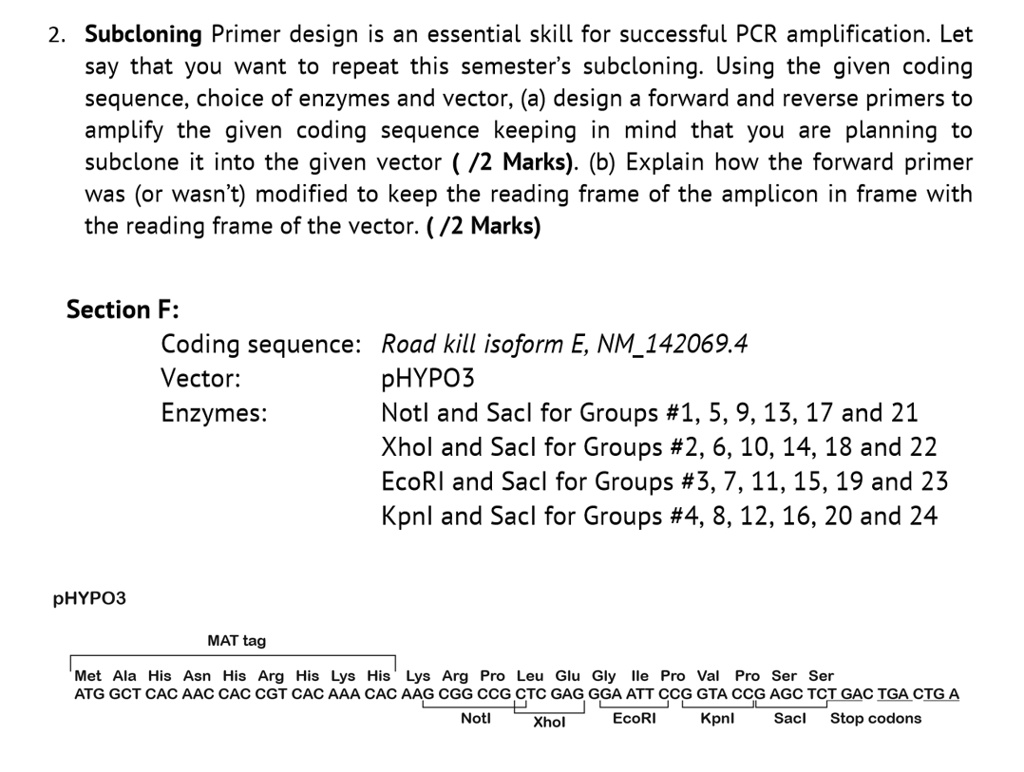 SOLVED: Subcloning Primer design is an essential skill for successful ...