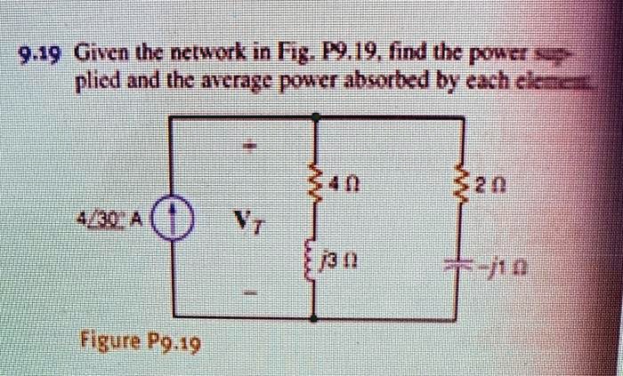 Given the network in Fig. P9.19, find the power supplied and the average power absorbed by each element.
4?
2?
4?30° A
VT
j3?
-j1?
Figure P9.19