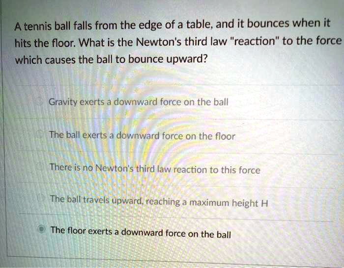 A tennis ball falls from the edge of a table, and it bounces when it