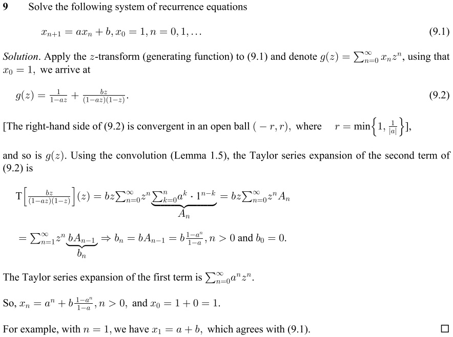Solved Solve The Following System Of Recurrence Equations E L A1n B T0 1 N 0 1 9 1 Solution Apply The Z Transform Generating Function To 9 1 And Denote G 2 Ci0 Nz Using That To