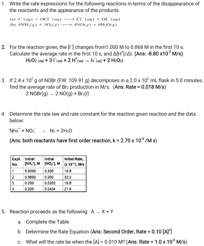 SOLVED: Write the rate expressions for the following reactions in terms ...