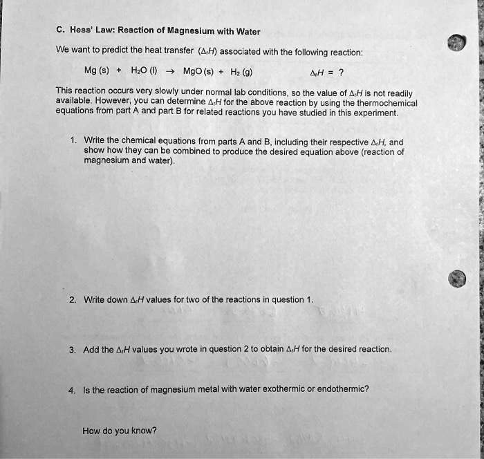 SOLVED Hess' Law Reaction of Magnesium with Water We want to predict