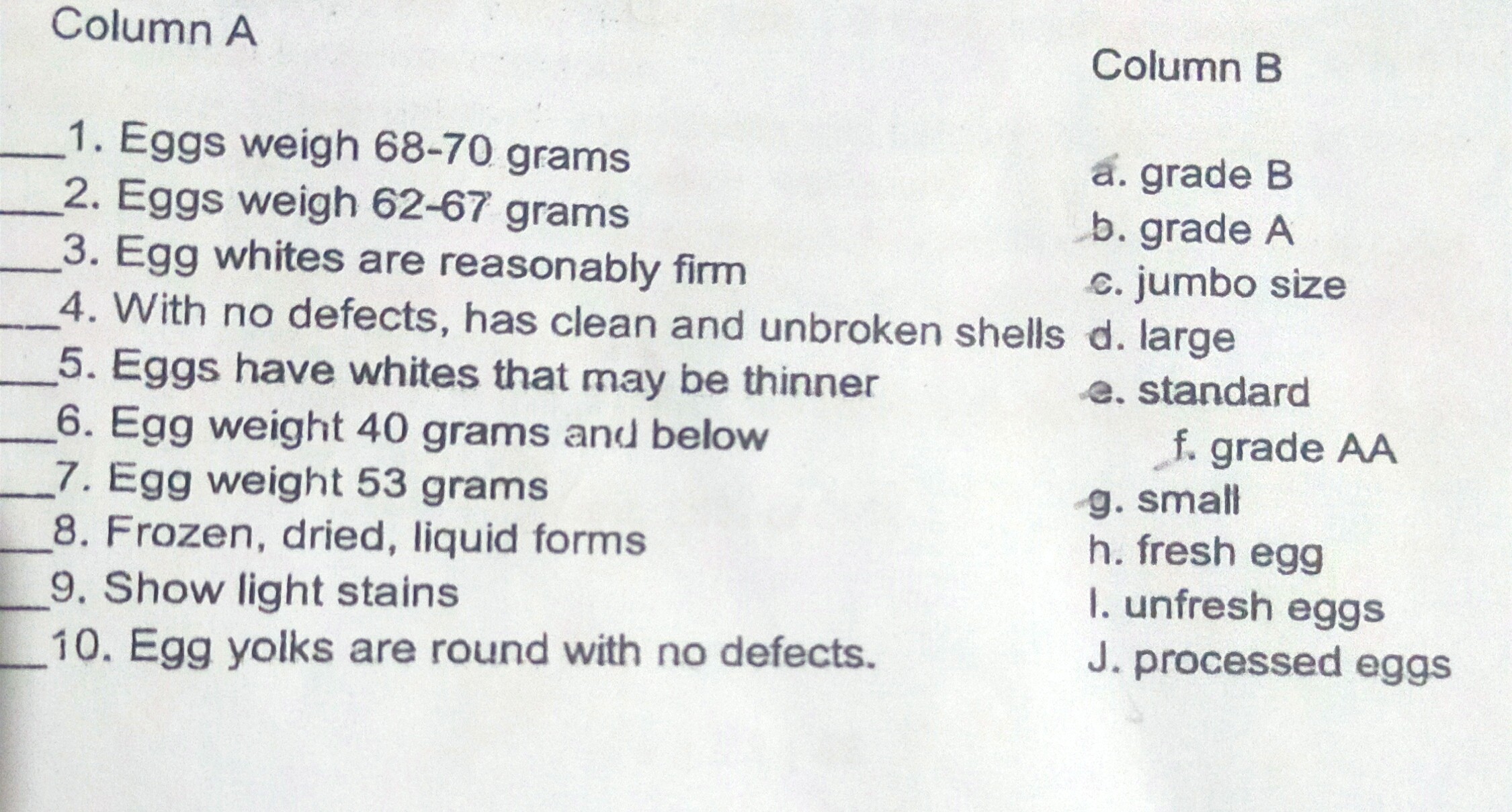 SOLVED Column A Column B 1. Eggs weigh 6870 grams 2. Eggs weigh 6267