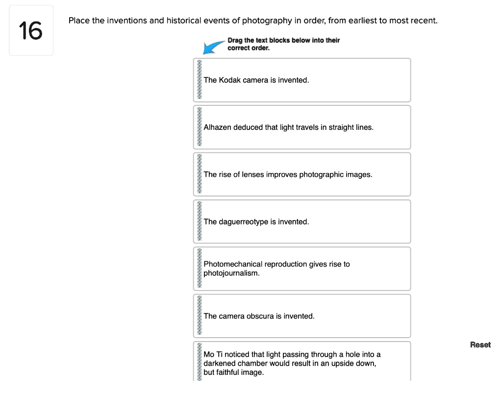 SOLVED Place the inventions and historical events of photography