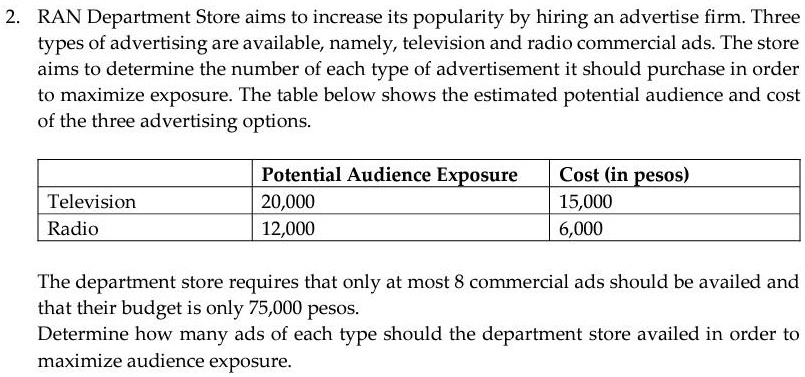 SOLVED: RAN Department Store aims to increase its popularity by hiring an  advertise firm: Three types of advertising are available, namely,  television and radio commercial ads. The store aims to determine the