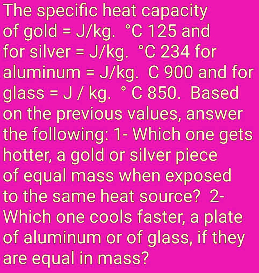 SOLVED The specific heat capacity of gold = J/kg C 125 and for silver