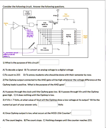 Consider the following circuit. Answer the following questions.
1) What is the purpose of this circuit?
A) To decode a signal B) To convert an analog voltage to a digital voltage
C)To count to 255 D) To annoy students who should be done with their semester by now.
2)The OpAmp output connected to the AND gate will be high whenever the voltage difference at the
OpAmp leads is positive. What is the purpose of the AND gate?
A) It passes through the clock until the OpAmp goes low. B) It passes through Vin until the OpAmp
goes high. C) It does nothing until the OpAmp is low.
3) If Vin = 7 Volts, at what value of Vout will the OpAmp show a low voltage at its output? Write the
numerical part of your answer only. Volts
4) Once OpAmp output is low, what occurs at the MOD-256 Counter?
A) The count begins. B)The count stops. C) Nothing changes until the counter reaches 255.