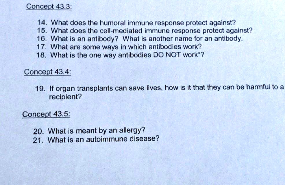 SOLVED Concept 43.3 14, What does the humoral immune response protect
