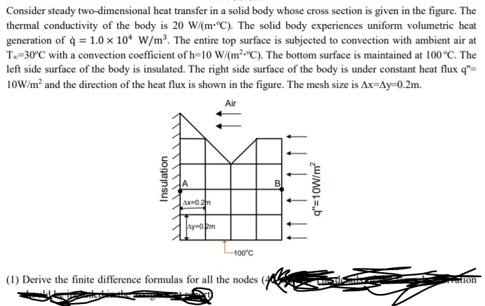 Consider steady two-dimensional heat transfer in a solid body whose ...