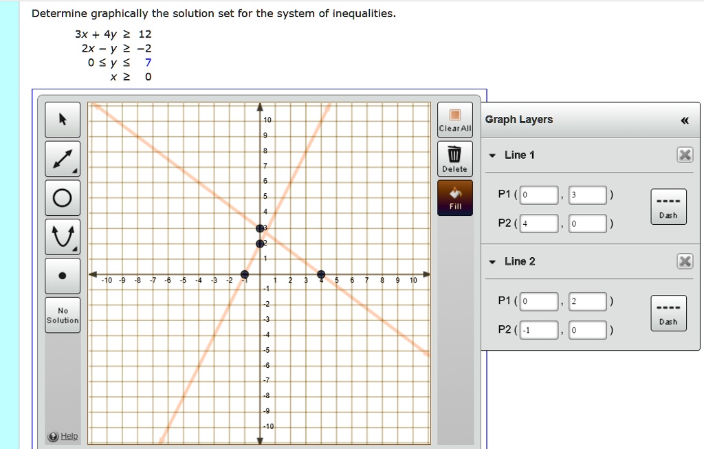 Solved Determine Graphically The Solution Set For The System Of Inequalities 3x 4y 12 2x Y 2 2 0 Y X 2 Graph Layers Clear Aiii Line Delete