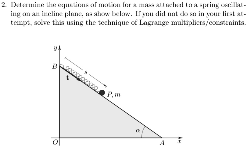 2. Determine the equations of motion for a mass attached to a spring oscillating on an incline plane, as show below. If you did not do so in your first attempt, solve this using the technique of Lagrange multipliers/constraints.