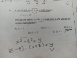8. x pozitif tek say?, y ve z asal say?d?r.
x² = y + z²
oldu?una göre, y nin x cinsinden e?iti a?a??dakilerden hangisidir?
A) x - 1
B) x² - 1
C) x + 2
D) x² + 2
E) 2x + 1
