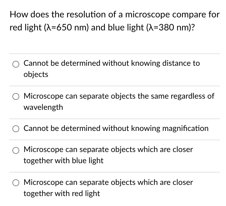 SOLVED:How does the resolution of a microscope compare for red light (A ...