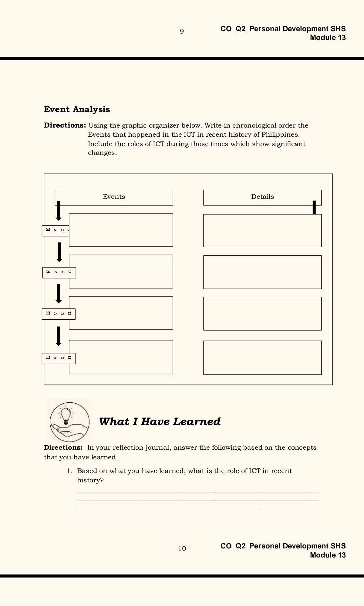 9
COQ2Personal Development SHS
Module 13
Event Analysis
Directions: Using the graphic organizer below. Write in chronological order the Events that happened in the ICT in recent history of Philippines. Include the roles of ICT during those times which show significant changes.
What I Have Learned

Directions: In your reflection journal, answer the following based on the concepts that you have learned.
1. Based on what you have learned, what is the role of ICT in recent history?
10
COQ2Personal Development SHS
Module 13