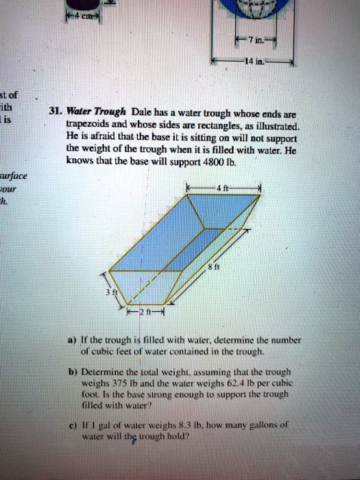 Water Trough Math Problem 31. Water Trough Dale has a water trough whose ends are trapezoids and ...